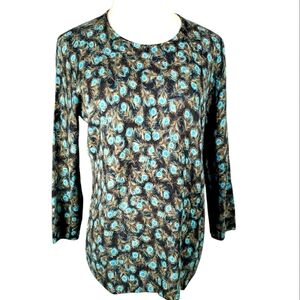 Cashmere Peacock Feather Print Pop-over Sweater 3/4 Sleeves Preppy Soft Girl Top